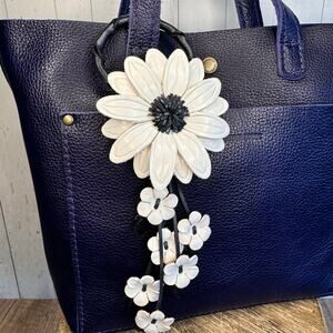 Flower Genuine Leather Bag Charm White Daisy Leather Black Accent Purse Keychain